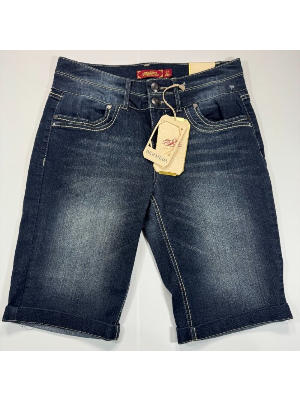 One 5 One Shorts Women's 8 Blue Cotton Denim Bermuda Whiskered Faded Stretch